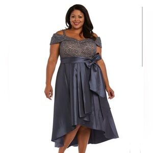 Satin Sparkle Silver and Nude Formal Off Shoulder Tea Length Gown